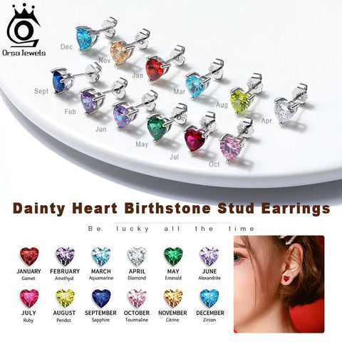 925 Sterling Silver Earrings 12 Colors Lucky Month Birthstone - EveryWares