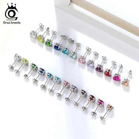 925 Sterling Silver Earrings 12 Colors Lucky Month Birthstone - EveryWares