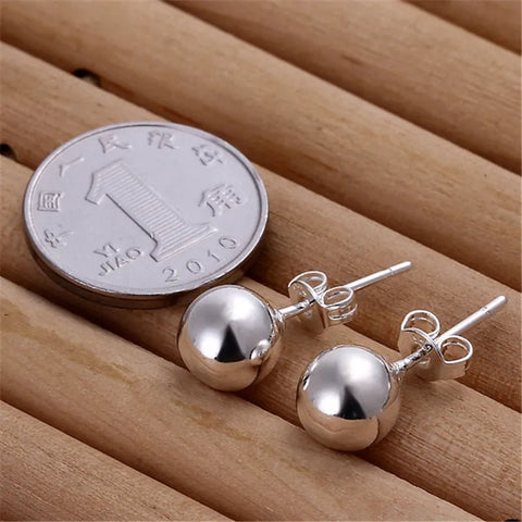 925 Sterling Silver Round Smooth Solid Bead Ball Stud Earrings - EveryWares