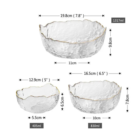 Tigela de vidro para salada, irregular, dourada, borda embutida, frutas, arroz, servindo tigelas, recipiente de armazenamento de alimentos, lancheira, caixa de bento, decoração, utensílios de mesa