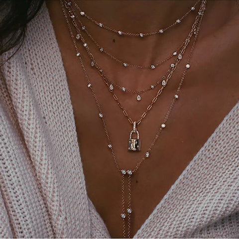 Crystal Geometry Star Moon Lock Necklaces Chokers