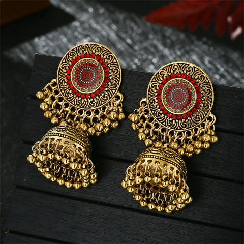 Pendientes Jhumka de flor roja étnica clásica para mujer, joyería india bohemia Vintage, Pendientes colgantes con borla de campana de Color dorado