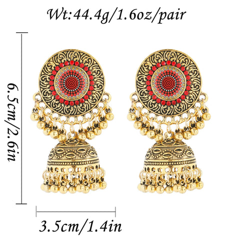 Pendientes Jhumka de flor roja étnica clásica para mujer, joyería india bohemia Vintage, Pendientes colgantes con borla de campana de Color dorado