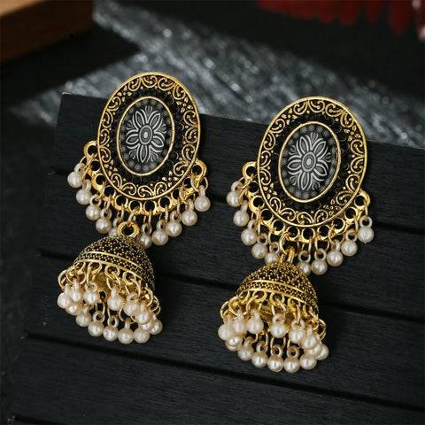 Pendientes Jhumka de flor roja étnica clásica para mujer, joyería india bohemia Vintage, Pendientes colgantes con borla de campana de Color dorado