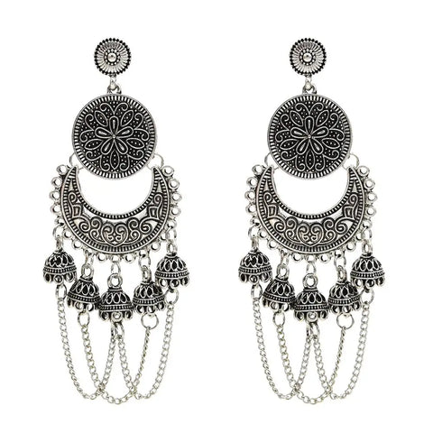 Brincos indianos Jhumka Sliver Boho Vintage Étnico Oxidado Grandes Brincos Super Leves