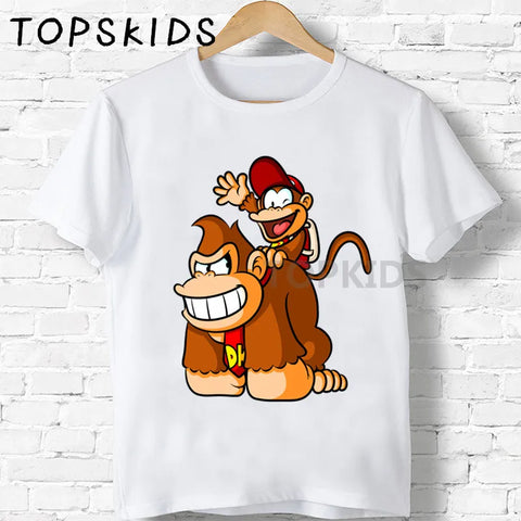 Crianças Donkey Kong Country Cartoon Print Camisetas Engraçadas Macaco Bebê Tops Crianças Verão O-pescoço Camiseta