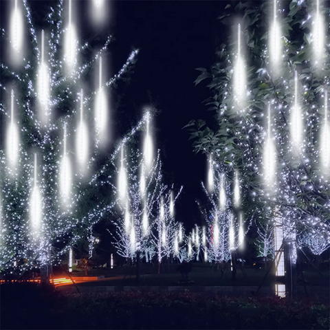 Luces LED de lluvia de meteoritos azules, 50/30 cm, 8 tubos, cadena de luces de carámbanos para árbol de Navidad, para bodas y fiestas