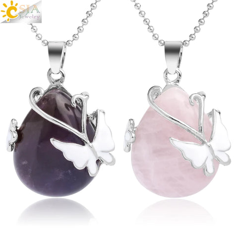 Necklace Water Drop Natural Stone Pendant Butterfly Quartz Crystal