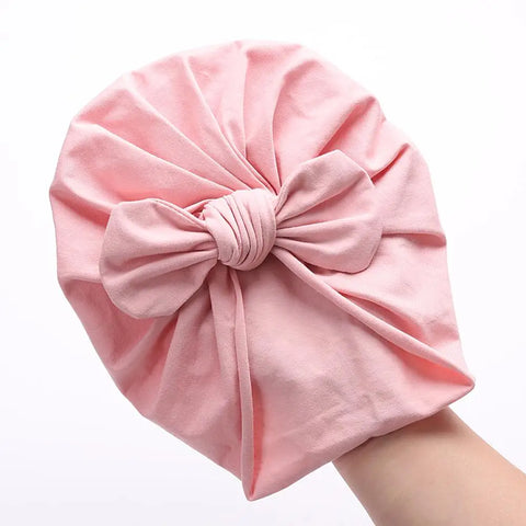 Solid Baby Cotton Beanies Cute Bear Ear Bowknot Turban Hats Sweet Soft Elastic Caps Headwraps