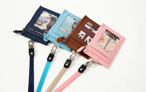 Leather Credit Card Holder with Neck Lanyard unisex Multi-card Coin Money Key Card Wallet Student Bus ID Card Bags Purse Bag