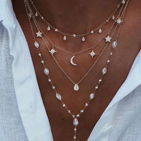 Collar con candado de luna y estrella con geometría de cristal para mujer, colgantes bohemios de varios niveles, collares y gargantillas