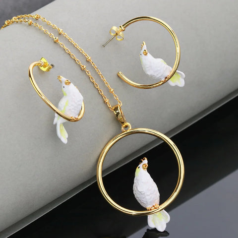 Elegant White Bird Jewelry Set Enamel