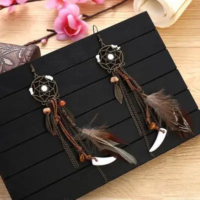 Atrapasueños redondo Retro para mujer, aretes largos hechos a mano con borlas y plumas, pendiente con colgante de hojas para mujer