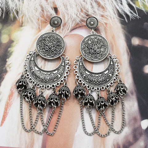 Brincos indianos Jhumka Sliver Boho Vintage Étnico Oxidado Grandes Brincos Super Leves