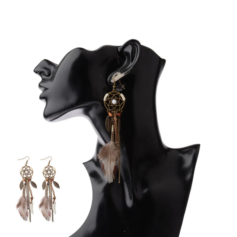 Atrapasueños redondo Retro para mujer, aretes largos hechos a mano con borlas y plumas, pendiente con colgante de hojas para mujer