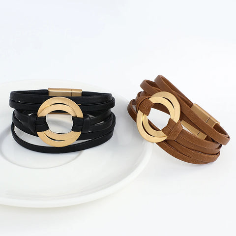 Boho Genuine Leather Bracelets Fashion Round  Circles Charm Wrap