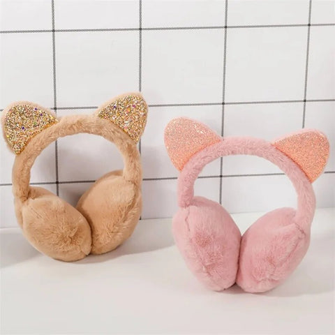 Aquecedores de orelhas de gato com brilho e protetores de orelha de pelúcia para meninas