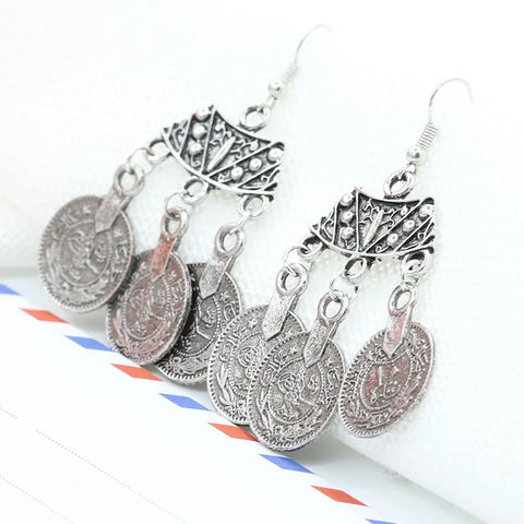 Bohemian Drop Earrings Boho Indian Jewelry Long  Ancient Coins Earrings