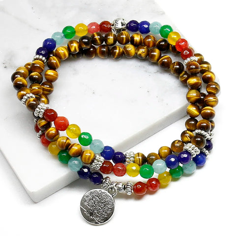 Natural 7 chakra tigre olho mala pulseiras 108 buda cura yoga pulseira para mulher e homem jóias