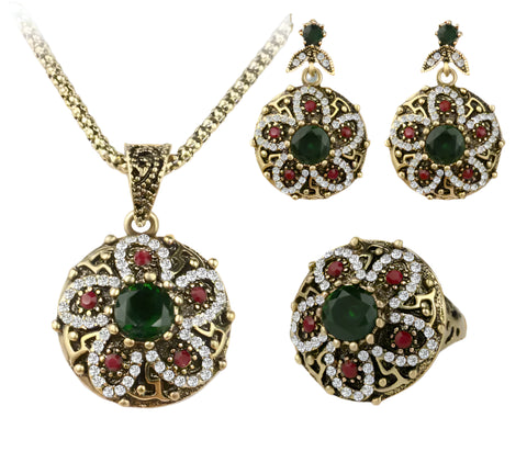 3 Pcs Fashion Vintage Flower Crystal Necklace Earrings Ring Ethnic Gold Boho