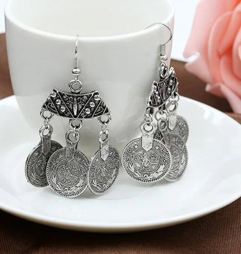 Bohemian Drop Earrings Boho Indian Jewelry Long  Ancient Coins Earrings