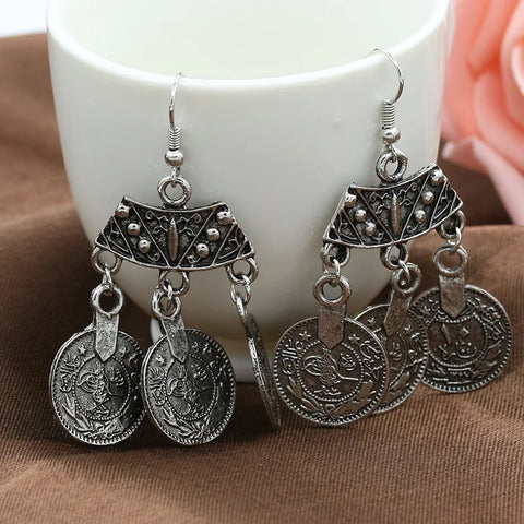 Bohemian Drop Earrings Boho Indian Jewelry Long  Ancient Coins Earrings