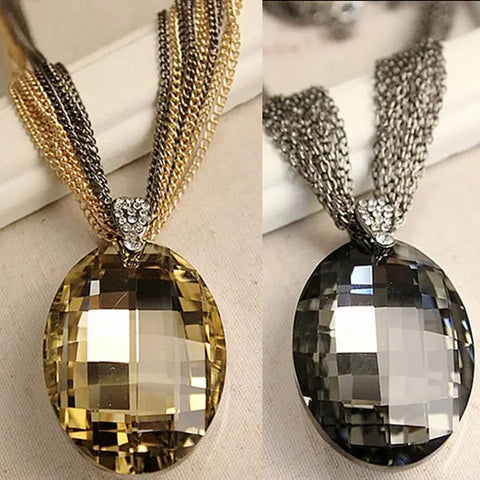 Necklace Gold Color Black Oval Glass Crystal Pendant Charm Multi-Chain Long Chain Necklaces