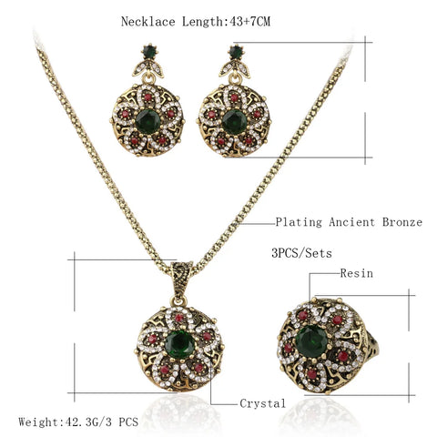 3 Pcs Fashion Vintage Flower Crystal Necklace Earrings Ring Ethnic Gold Boho