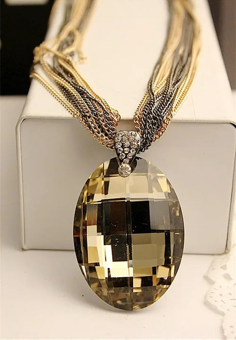 Necklace Gold Color Black Oval Glass Crystal Pendant Charm Multi-Chain Long Chain Necklaces