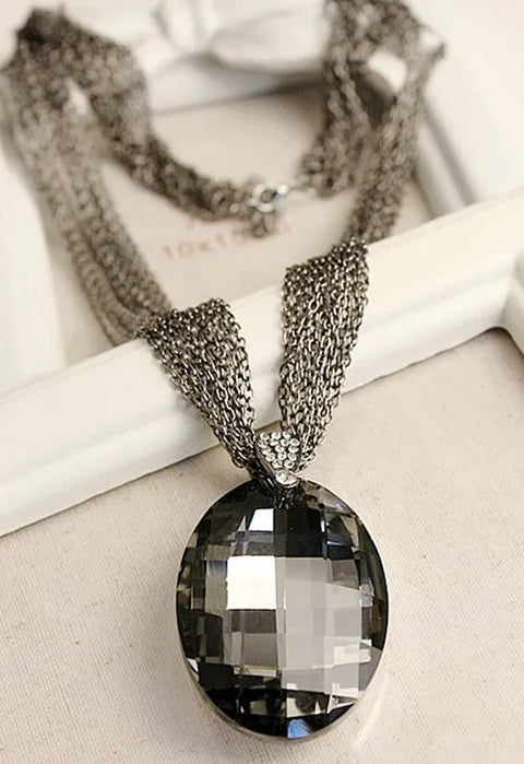 Necklace Gold Color Black Oval Glass Crystal Pendant Charm Multi-Chain Long Chain Necklaces