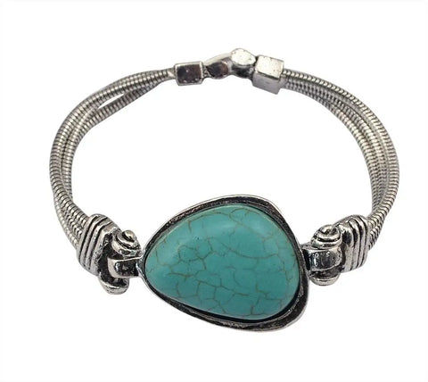 Pulsera de turquesas de piedra verde grande vintage del Tíbet