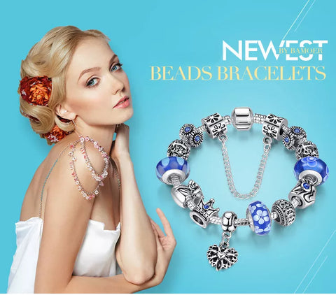 Pulseira e braceletes banhados a prata Queen Jewelry com miçangas de coroa de rainha para mulheres