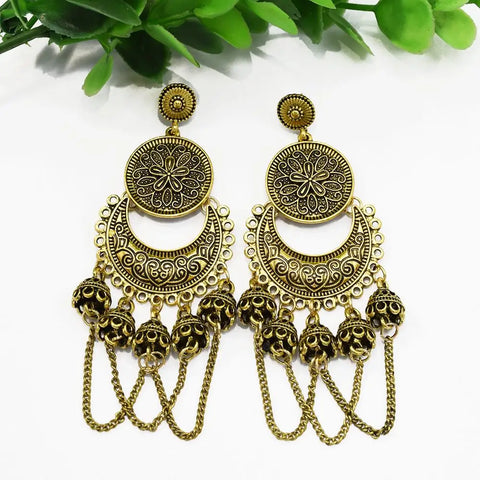 Brincos indianos Jhumka Sliver Boho Vintage Étnico Oxidado Grandes Brincos Super Leves