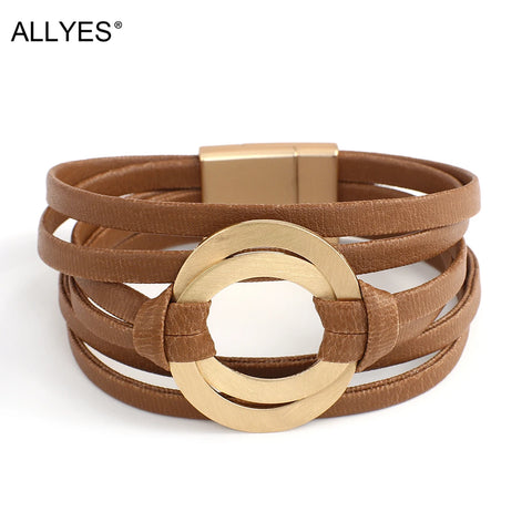 Boho Genuine Leather Bracelets Fashion Round  Circles Charm Wrap