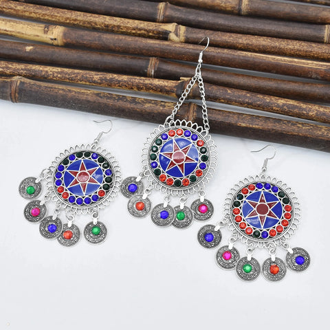 Pendientes y collar con monedas de diamantes de imitación de Color Vintage para mujer, pinza para el pelo Tribal étnica, conjuntos de joyería llamativa gitana turca afgana