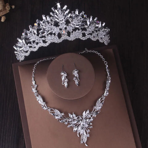 Baroque Silver Crystal Bridal Jewelry Sets Crown, Necklace and Earrings