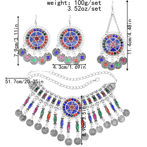 Pendientes y collar con monedas de diamantes de imitación de Color Vintage para mujer, pinza para el pelo Tribal étnica, conjuntos de joyería llamativa gitana turca afgana