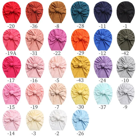 Solid Baby Cotton Beanies Cute Bear Ear Bowknot Turban Hats Sweet Soft Elastic Caps Headwraps