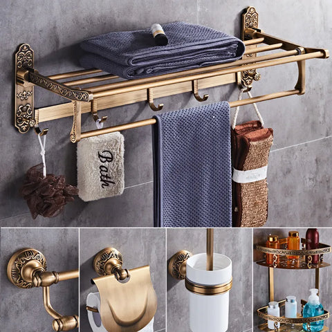 Antique Bronze Carved Bathroom Accessories Set  Aluminum Bath Hardware Sets Towel Rack,Paper holder Toilet Brush Holder