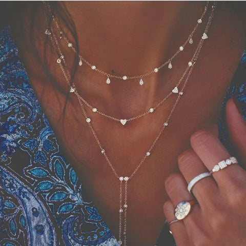 Crystal Geometry Star Moon Lock Necklace For Women Boho Multi-level Pendants Necklaces Chokers