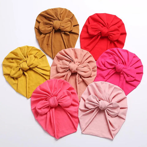 Solid Baby Cotton Beanies Cute Bear Ear Bowknot Turban Hats Sweet Soft Elastic Caps Headwraps