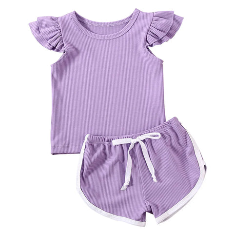 Conjuntos sólidos para niños pequeños, 2 uds., camiseta de manga corta, pantalones cortos, ropa para niña, conjunto bonito