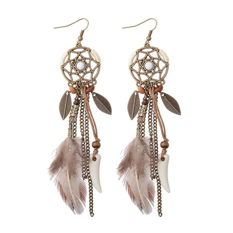 Atrapasueños redondo Retro para mujer, aretes largos hechos a mano con borlas y plumas, pendiente con colgante de hojas para mujer