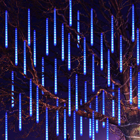 Luces LED de lluvia de meteoritos azules, 50/30 cm, 8 tubos, cadena de luces de carámbanos para árbol de Navidad, para bodas y fiestas