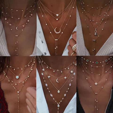 Collar con candado de luna y estrella con geometría de cristal para mujer, colgantes bohemios de varios niveles, collares y gargantillas