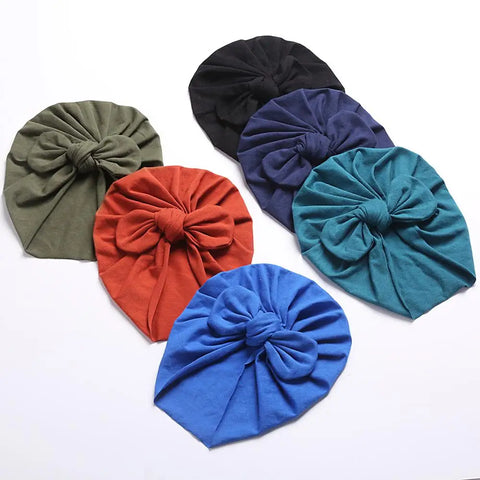 Solid Baby Cotton Beanies Cute Bear Ear Bowknot Turban Hats Sweet Soft Elastic Caps Headwraps