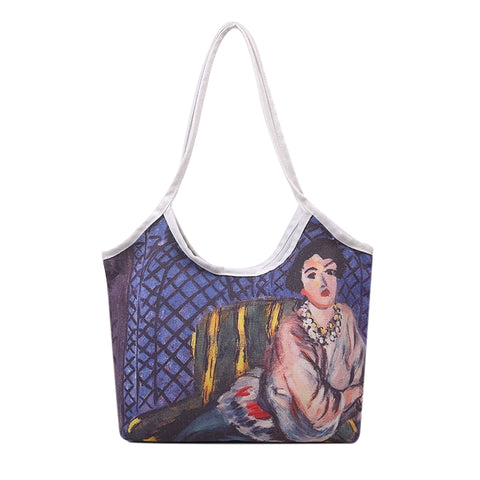 Canvas Oil Painting One-Shoulder Portable Grocery Box Lunch Tote Bag