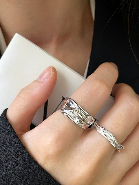 Rings INS Sterling Silver Asymmetrical Ruched Texture Wide-Faced Dimple