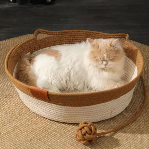 Cama japonesa para gatos, redonda, tejida a mano, refrescante, cesta para gatos con cuerda de algodón