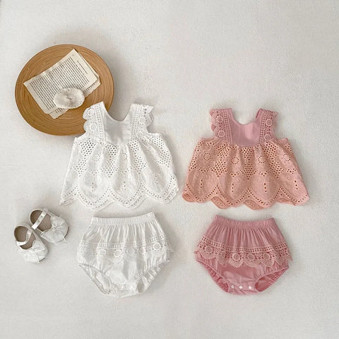 Princess Baby Girl Clothes 0-3Years Newborn Kids Solid Color Sleeveless Lace Vest Tops+ Bloomers Shorts 2PCS Summer Outfits Set